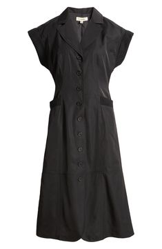 Move stylishly from work to play in this perfectly flared midi designed with rib-trimmed pockets and cuffs. 46" length (size Medium) Front button closure Notched collar Cap sleeves Front drop-in pockets Lined 100% polyester Dry clean Imported Chic Midi Dress With Slip Pockets For Work, Black Midi Dress With Slip Pockets, Workwear Midi Dress With Slip Pockets, Fitted Black Midi Dress With Button Cuffs, A-line Midi Dress With Button Cuffs For Work, Casual Black Midi Dress With Pockets, Favorite Daughter, Maternity Shops, Designer Clothes For Men