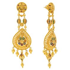 The colorful Meenakari details added to this beautiful pair of 22k yellow gold earrings adds a vibrant cultural appeal to the traditional gold earring design. Features • 22k yellow gold • Beading • Enamel Virani Jewelers is a leading Indian Gold jewelry store in the Iselin, New Jersey specializing in exquisite 22k gold jewelry designs. Shop with us for the finest Indian jewelry and experience the beauty and elegance of our luxury gold jewelry creations. Specifications: • Minimum Earrings Width - Traditional Multicolor Gold Plated Earrings, Festive 22k Yellow Gold Chandelier Earrings, Traditional Yellow Gold Chandelier Earrings With Filigree, Traditional 22k Gold Bridal Earrings, Traditional Yellow Gold Filigree Chandelier Earrings, Multicolor 22k Gold Earrings For Gifts, Multicolor Gold Plated Earrings For Diwali, Multicolor 22k Gold Temple Jewelry Earrings, Multicolor Gold-plated Earrings For Diwali