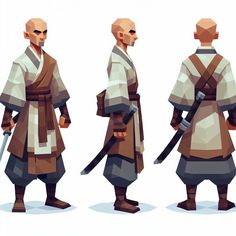 three different poses of an old man with two swords