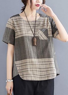 French Grey Plaid asymmetrical design Cotton Linen Blouse Top Summer - Omychic Patchwork Short Sleeve Blouse For Work, Casual Asymmetrical Patchwork Blouse, Beige Patchwork Tops For Work, Spring Blouse With Patchwork And Asymmetrical Hem, Spring Patchwork Blouse With Asymmetrical Hem, Casual Beige Top With Asymmetrical Hem, Summer Patchwork Tops For Workwear, Summer Workwear Tops With Patchwork, Cotton Top With Patchwork And Asymmetrical Hem