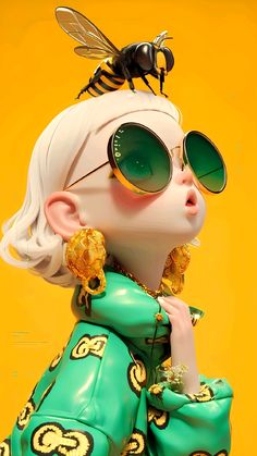 a woman with sunglasses and a bee on top of her head, wearing green clothes