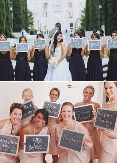 the bride and her bridal party are holding up signs