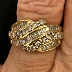 Beautiful Yellow Gold And Diamond Ring. Size 5.5. It Has 14 Brilliant Diamonds That Are Of A Nice Color. Not Cloudy. There Are Multiple Baguettes In The Ring And Some Are Not A Rectangle And Are More Of A Trapezoid. Very Clean! Ready To Go For A Gift! 6.21 Grams #Diamonds #14ktgold #Ring #Jewelry Gold Cluster Multi-stone Diamond Ring, Gold Multi-stone Diamond Ring For Anniversary, 21 Grams, Gold Diamond Ring, Gold Diamond Rings, Brilliant Diamond, Ring Jewelry, 14kt Gold, Women Accessories Jewelry