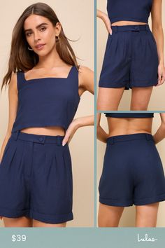 Prepare for praise and kudos when you step out in the Lulus Set for Compliments Navy Blue Tailored High-Waisted Shorts! These lightweight, linen-like woven shorts add a sophisticated spin on your summer style with their high-waisted silhouette, belt loops, a hidden zipper fly, and a functional covered top button. Cuffed hems and tailored front pleats complete the chic look. Pair with the matching top for a complete look! Fit: This garment fits true to size. Length: Mid-thigh. Size medium Inseam: Navy Bottoms With Short Inseam For Summer, Navy Bottoms For Summer Day Out, Navy High-waist Shorts For Summer, Navy High Waist Shorts For Summer, Navy Fitted Shorts For Spring, Blue Shorts With Belt Loops For Day Out, Navy High-waisted Shorts, Shorts Matching Set, Linen Shorts