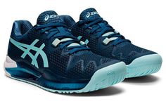 the asics shoes are blue and white