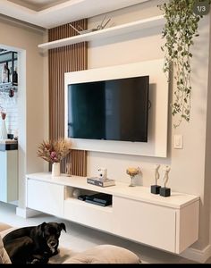 a dog laying on the floor in front of a flat screen tv mounted to a wall