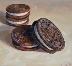 an oil painting of three cookies on a table