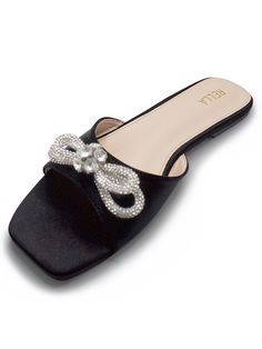 Sizing: true to size, if in between sizes recommended to size up Open toe Slide sandal Rhinestone bow detail Flat sandal Bow Sandals, Rhinestone Bow, Wide Boots, Boot Sandals, Bow Detail, Flat Sandals, Slide Sandals, Open Toe, Sandals Heels