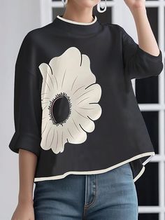 A-line High-low Flower Print Mock Neck T-Shirts Tops BLACK-L Flower Print Clothes, Urban Shirt, Mock Neck And T Shirt, Crochet Eyes, Digital Fashion, Hacks Clothes, Buy Shirts, Fashion Hacks, Straight Trousers