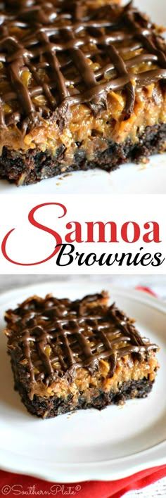 chocolate caramel brownies are stacked on top of each other with the title above it