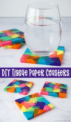 diy tissue paper coasters with water in the middle and colorful designs on them