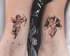 two tattoos on the legs of people with cupid and arrow tattoo designs on them