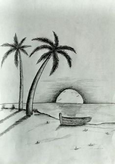 a drawing of two palm trees and a boat on the beach