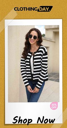 Striped Round Neck Button-down Dropped Shoulder Cardigan