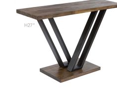 a wooden table with metal legs and a square base on the bottom, against a white background