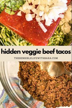 Diced onion, green pepper, tomato, and zucchini in a skillet next to a bowl of hidden veggie beef taco meat with a golden spoon in it. Secret Veggie Meals, Hidden Veggie Ground Beef, Hidden Veggie Taco Meat, Hidden Healthy Food Picky Eaters, Recipes With Hidden Veggies, Veggie Meals For Kids, How To Hide Veggies In Food Picky Eaters, Hidden Veggies Recipes, Hidden Veggie Meals