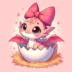 a cute little dragon sitting in an egg with pink bows on its head and wings