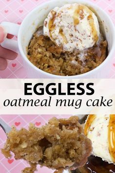 eggless oatmeal mug cake with ice cream and caramel drizzle