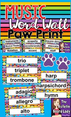 a poster with the words music, word wall and paw print