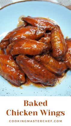 baked chicken wings on a blue plate with text overlay that reads baked chicken wings