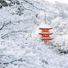 a red pagoda surrounded by snow covered trees