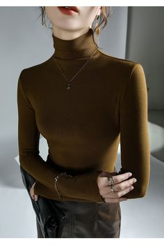 Turtleneck Solid Color Slim Stretch Sweater – BEYOND FASHION Brown Winter Sweater Solid Color, Fitted Plain Tops For Winter, Slim Fit Tops For Fall, Solid Slim Fit Tops For Fall, Slim Fit Top For Fall, Fitted Brown Tops With Seamless Collar, Warm High Neck Turtleneck For Fall, Elegant Non-stretch Winter Outerwear, Solid High Neck Sweater For Fall