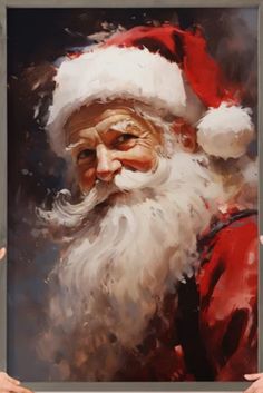 a painting of santa claus holding up a frame