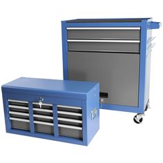 two blue toolboxs sitting next to each other