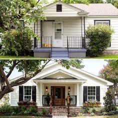 two pictures of a white house with black shutters and the front door is open