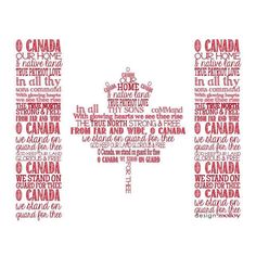 the canadian flag made up of words that spell out canada in red on white paper