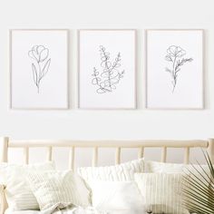 three framed flowers are hanging on the wall above a bed with white sheets and pillows