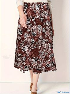 Orcajump - Plus Size Casual Skirt, Women's Plus Allover Floral Print High Rise Midi A-line Skirt A-line Floral Print Relaxed Skirt, A-line Floral Print Skirt, Brown A-line Lined Skirt, Floral Printing, Skirt Women, Casual Skirt, Style Boho, Plus Size Casual, A Line Skirt