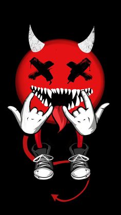 a red devil with horns and fangs on it's face holding his hands up to his mouth