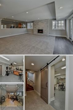 an empty living room, kitchen and dining area with glass doors to the other side