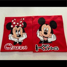 Set Of Tees For Couples “King And Queen” Mickey And Minnie Mouse Tees! 100% Preshrunk Cotton If You Would Like This Set Of Tees Plz Pick The Man Size And Let Me Know What Size You Lee For The Woman In The Comments Section. Thanks Fun Red Tops With Letter Print, Fun Red Top With Screen Print, Cute Red Shirt With Letter Print, Cute Red Tops With Screen Print, Family Matching Red Tops With Letter Print, Red Family Matching Short Sleeve Shirt, Red Short Sleeve Shirt For Family Matching, Fun Red Screen Print Top, Red Short Sleeve Top With Mickey Mouse