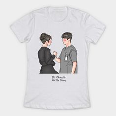 two women talking to each other while wearing scrubs and t - shirts that say it's grey by not the ordinary