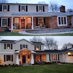 before and after pictures of a house with lights on