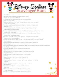 the disney springs scavenger hunt is shown in red and white with yellow stars