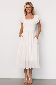 Jacie Smocked Midi Dress | White Modest Dresses For Church, White Graduation Dresses, Feather Maxi Dress, Baby Sprinkle Ideas, Dresses For Church, Wedding Outfit Inspiration, Cocktail Jumpsuit, White Dresses Graduation, Cute White Dress