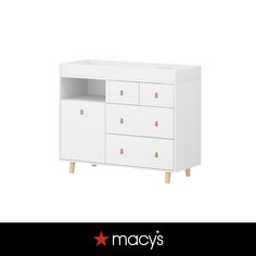 a white dresser with wooden legs and drawers on the bottom, next to an ad for macy's