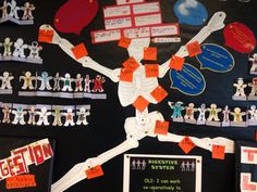 a bulletin board with different types of stickers and paper cutouts on the wall