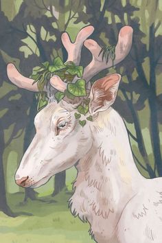 a painting of a white deer with antlers on it's head in the woods