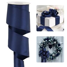 a blue ribbon and christmas wreath next to a white box with a bow on it