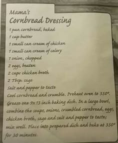 a menu listing the ingredients for cornbread dressing