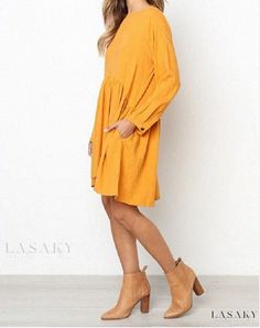 Lasaky - Lovely Long Sleeve Cotton Blended Dress with Roomy Pockets Inside Long Sleeve Dress With Pockets For Day Out, Solid Mini Dress With Pockets For Fall, Long Sleeve Mini Dress With Pockets For Day Out, Casual Long Sleeve Dress For Summer, Fall Shift Dress With Pockets, Fall Daywear Dresses In Solid Color, Fall Dresses With Pockets For Day Out, Fall Midi Dress In Solid Color With Shift Fit, Fall Shift Midi Dress In Solid Color