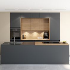 a modern kitchen with grey cabinets and counter tops