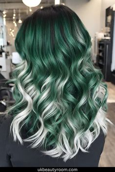 Unique Trending hairstyle ideas|hairstyles for school - summer hairs colors Emerald And Blonde Hair, Green And Platinum Hair, Silver Green Hair, Dark Green And Blonde Hair, Black And Mint Hair, Dark Hair Dye Ideas, Emerald Green Hair Color