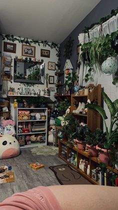 a room filled with lots of plants and stuffed animals