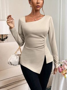 Camel Casual Collar Long Sleeve Knitted Fabric Plain  Embellished Medium Stretch  Women Plus Clothing Corporate Tops, Classy Tops, Classy Short Dresses, Classy Blouses, Modest Dresses Fashion, Corporate Dress, Chic Dress Classy, Stylish Tops For Women