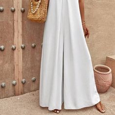 MODA ME COUTURE | Pants & Jumpsuits | White Contemporary Tie Back Tube Wide Leg Jumpsuit | Poshmark Office Work Outfit, Free People Wedding, Revolve Festival, Country Pool, Work Outfit Office, Chiffon Pants, Couture Pants, Preppy Casual, Printed Wide Leg Pants